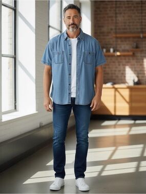 Casual Short-Sleeve Denim Button-Down Shirt - Light Blue